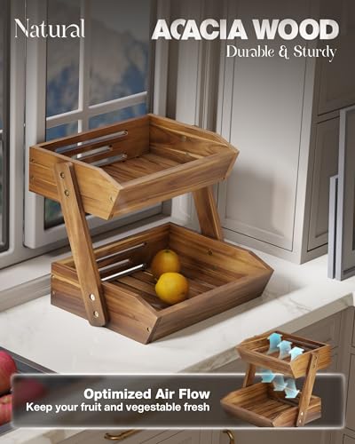 Acacia Wooden Fruit Basket, Fruit Bowl, 2 Tier Fruit Basket for Kitchen Counter, Produce Stand Storage Holder, Heavy Duty/Multipurpose/Large Capacity for Onion Potato, Vegetables, Spice Jars