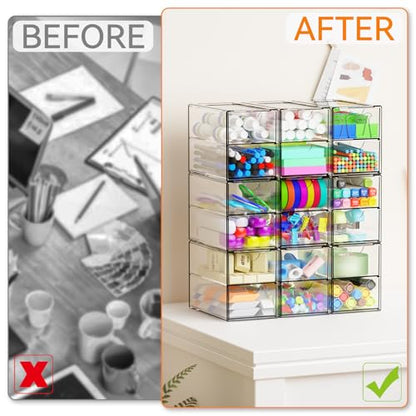 9 Pack Small Acrylic Drawers With 18 Drawers,Clear Drawer Organizers Stackable,School,Office Supplies Organizer And Storage Bins for Stationery,Pen,Pencil,Craft,Glasses,Sunglass Organizer Case