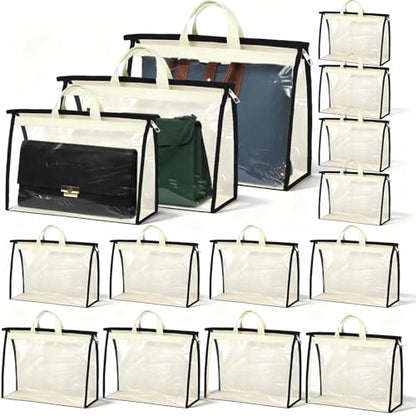 SHENLIU 15 Pack Dust Bags for Handbags, 3 Sizes Clear Handbag Storage Organizer for Closet, Purse Protector Storage Bag with Zipper and Handle, Hanging Dust Cover Bag for Handbag