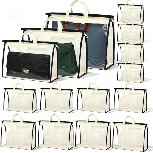 SHENLIU 15 Pack Dust Bags for Handbags, 3 Sizes Clear Handbag Storage Organizer for Closet, Purse Protector Storage Bag with Zipper and Handle, Hanging Dust Cover Bag for Handbag