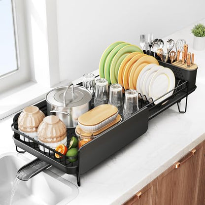 SNTD Large Dish Drying Rack for Kitchen Counter, Expandable, Black | Stainless Steel Dish Drainer, Adjustable Length 18.9''-29.3'', Automatic Drainage, 360° Spout, Cutlery Holder with Knife Slot