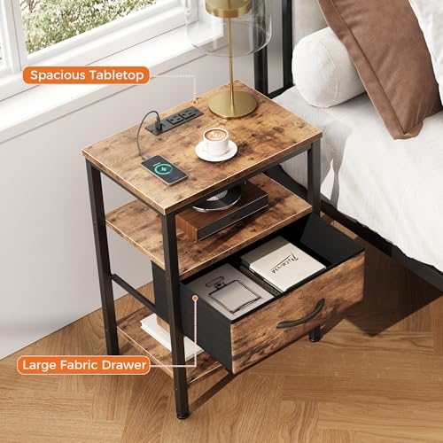 DUMOS Bedside Table with Charging Station and an Adjustable Fabric Drawer, and it is a Compact Nightstand, as Well as a 3-Tier Storage Organizer and an End Table for Bedroom, Brown