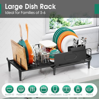 Urackify Expandable Dish Drying Rack with Drainboard for Kitchen Counter | Expands from 16.9 to 26.6 inches to fit more dishes, plates with fast drainage and flexible placement for any sink