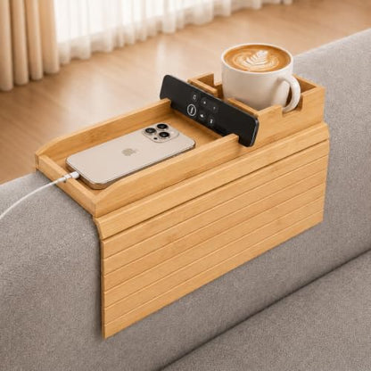 Bamboo Couch Arm Tray Table with Built-in Cup Holder, Foldable Anti-Slip Sofa Armrest Table for Drinks, Phone & Remote, Fits 4.7–16.9 in Armrests, Holds Cups up to 3.5 in Diameter (Bamboo)