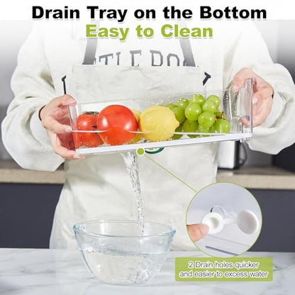 4-Pack Refrigerator Drawer Organizer Bins, Clear Stackable Pull Out Fridge Organizers and Storage Container, with Strainer Layer for Fruits, Vegetables, Drinks, Snack and Food