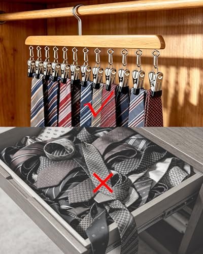 Closet Organizer with 10 Clips, 2 Pack Wooden Hanging Storage Hanger, Space Saving Multifunctional Rack for Ties, Scarves, Hats & Small Accessories