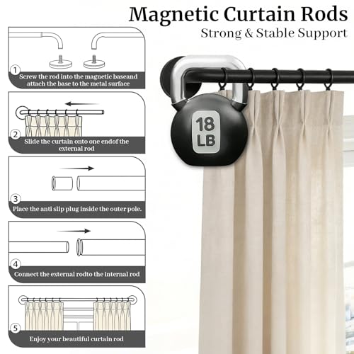 2 Pack Magnetic Curtain Rod for Metal Door, Adjustable 16 to 30 Inch, 1/2 Inch Diameter, French Door Magnetic Curtain Rods with Hooks (Black)