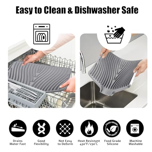 Silicone Dish Drying Mat for Kitchen Counter, Grey-1pcs, 20" x 15" | Heat Resistant & Non-Slip Dish Drain Pad with Built-In Drain, Dishwasher Safe, Quick-Dry, Hangable & Roll-Up for Storage