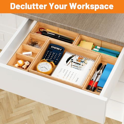 Bamboo Drawer Organizer, 5-Piece Stackable Trays with Removable Dividers | Junk drawer organizer, assorted tray sizes, 5-11 customizable compartments, nestable, kitchen utensils, bathroom, office