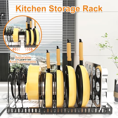Pot and Pan Organizer Rack for Cabinet, 3 Expandable Pot Lid Organizer Holder with 12 Adjustable Compartment for Kitchen Cutting Board, Pan Lid, Cabinet Cookware Baking