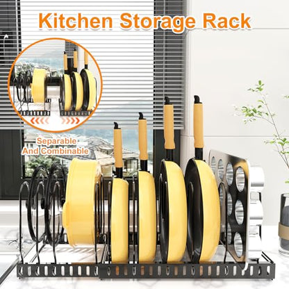 Pot and Pan Organizer Rack for Cabinet, 3 Expandable Pot Lid Organizer Holder with 12 Adjustable Compartment for Kitchen Cutting Board, Pan Lid, Cabinet Cookware Baking