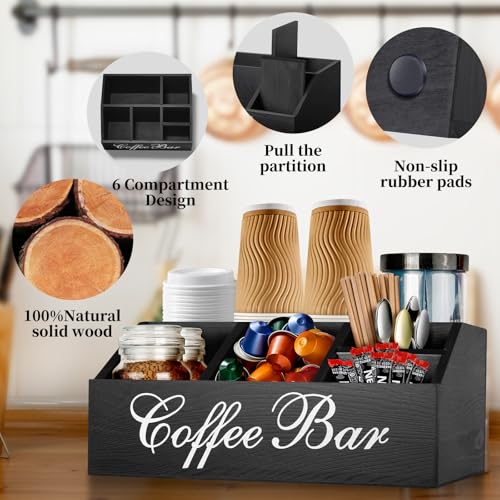 Wood Coffee Station Organizer for Counter | Farmhouse Coffee Bar Organizer | Coffee Pods Holder Bar Accessories | Tea Condiment Storage Basket | Home Decor