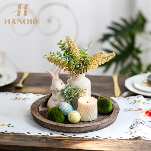 Hanobe Wooden Tray for Coffee Table, Decorative Round Candle Holder Plate | 11.2" Vintage Dining Table Centerpiece, Rustic Farmhouse Home Decor Serving Tray, Brown
