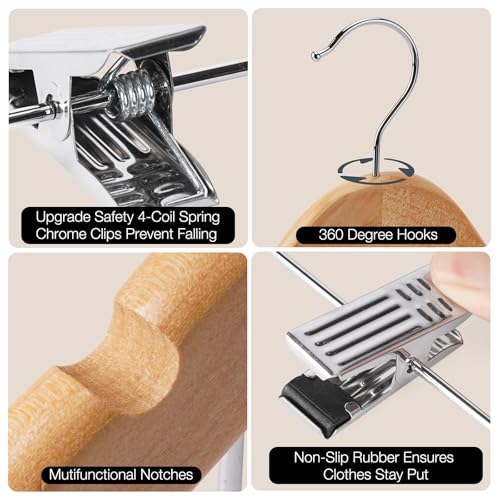 Wooden Hangers with Clips 12 PCS Pants Hangers with Clips,Smooth Solid Wooden Pants Hanger,360 Swivel Hooks & Adjustable Clips,for Jeans,Skirt,Suit,Shorts,Scarf