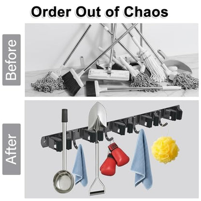 SUS304 5 Racks and 4 Hooks Mop and Broom Holder Wall Mount | Heavy Duty Self Adhesive Solid Non-slip Broom Organizer Storage Tool Racks for Home Kitchen Garden Laundry Garage