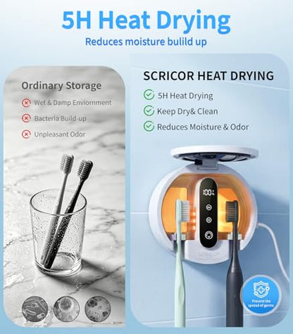 Toothbrush Holder with Dual UV & Heated Drying Wall Mounted 2026 | Upgraded Toothbrush Organizer for Bathroom Type-C Rechargeable Covered 2-Slot Storage for Manual and Electric Toothbrushes
