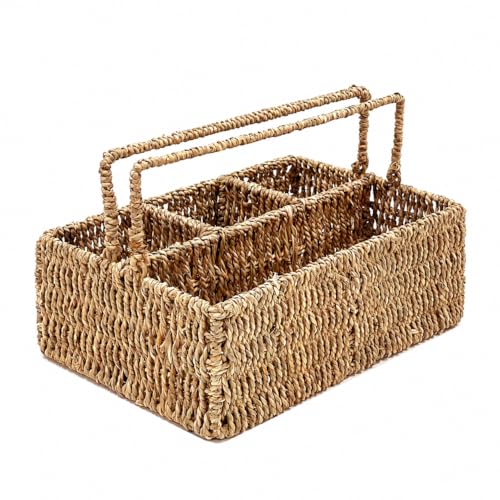 PEMAR Large L-Sized Hand Woven Utensil Caddy Carrier, Natural Jute Wicker Condiment Holder for Table, Kitchen Set Counter Top Silverware Organizer, Rustic Storage for Forks, Spoons, Seagrass