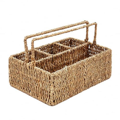 PEMAR Large L-Sized Hand Woven Utensil Caddy Carrier, Natural Jute Wicker Condiment Holder for Table, Kitchen Set Counter Top Silverware Organizer, Rustic Storage for Forks, Spoons, Seagrass