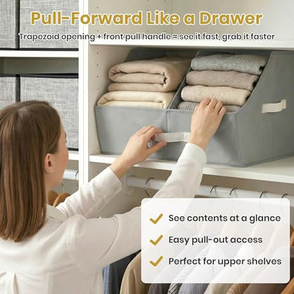 Closet Organizers And Storage - UPGRADED Trapezoid Storage Bin With Leather Handles & Adjustable Dividers, Fabric Collapsible Storage Bins For Clothes Storage & Shelf Organizer (3pcs, Small, Ivory)