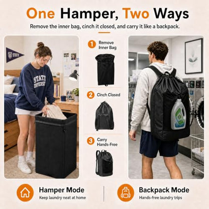 Foluck 60L 2-in-1 Laundry Hamper with Waterproof Laundry Backpack | Versatile Inner Bag with Shoulder Strap, Mesh Pocket, Internal Zippered Pouch, Hamper with Foot Strap and Lid for Dorm Travel