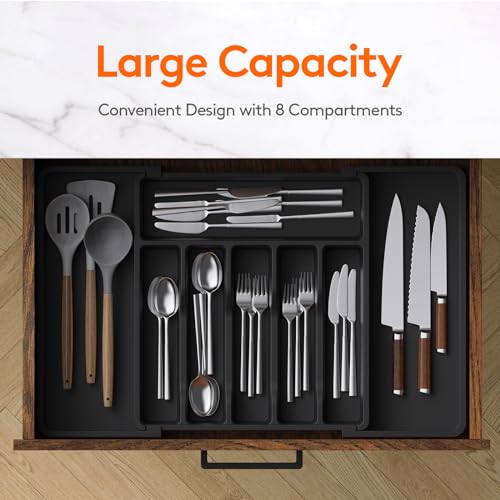 Lifewit Extra Large Silverware Drawer Organizer, Expandable Utensil Tray for Kitchen, BPA Free Flatware and Cutlery Holder, Adjustable Plastic Storage for Spoons Forks Knives, 13-22 x 15, Black