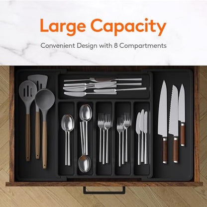 Lifewit Extra Large Silverware Drawer Organizer, Expandable Utensil Tray for Kitchen, BPA Free Flatware and Cutlery Holder, Adjustable Plastic Storage for Spoons Forks Knives, 13-22 x 15, Black