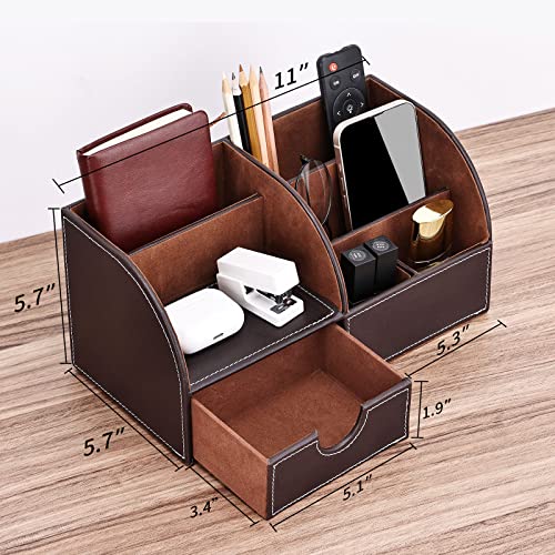 Pu Leather Desk Organizer Pen Pencil Holder Office Supplies Caddy Storage Box 6 Compartments with Drawer Brown