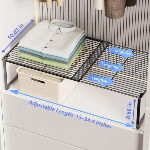 Extendable Metal Wire Shelf Organizer - Adjustable 15-24.4in Length, Stackable Storage Rack for Kitchen/Pantry/Bathroom/Shoe Cabinet/Tool Closet (1,Black)