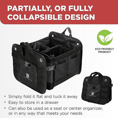Car Trunk Organizer for SUV & Truck Cargo Storage, Large, Black | Fits Cars, SUVs & Trucks 4 Adjustable Compartments Non-Slip Base & Straps Foldable 11 Pockets Car Accessories