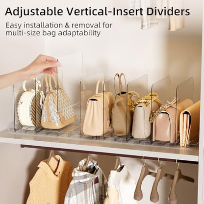 Stackable Bag & Purse Organizer for Closet Shelf Acrylic Shelf Dividers for Closet Organization, Clear Handbag Purse Storage Organizer Divider, Keep Clutch, Wallet, Pocketbook Upright, 4 Pack