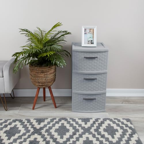 Sterilite 2-Pack 3-Drawer Weave Tower, Medium Storage Closet Organizer, Cement - Plastic Drawers and Containers for Bedroom, Cabinet, Clothes, Dresser, and Kitchen Pantry Organization