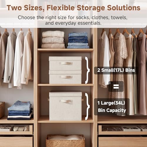StorageWorks Storage Bins with Lid, Decorative Fabric Storage Bins with Handles, Stackable Closet Organizers for Shelves and Bedroom, Large, Beige(Natural Fabric), 2-Pack