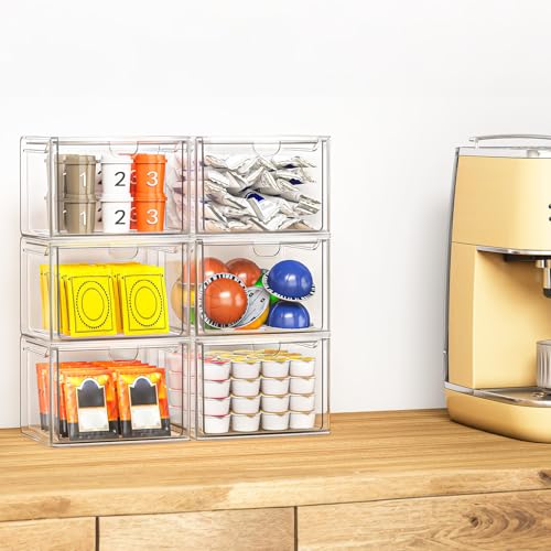 6-Pack Stackable Acrylic Storage Drawers, Small | Smooth-glide drawers, stackable, clear body, dustproof, wipe clean, 6 small, for art tools, makeup, under sink, pantry