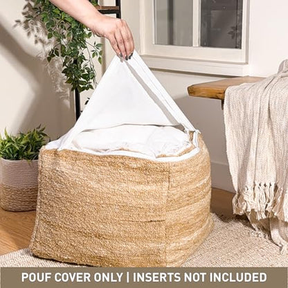 Unstuffed Pouf Ottoman Cover, Beige, 16.5x16.5x12.9 Inches | DIY Fillable Floor Pouf with Storage, Indoor Outdoor Square Ottoman, Footrest, Boho Decorative Floor Pillow