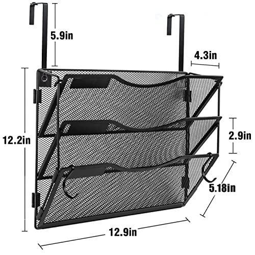 Wall File Organizer 3 Pockets, Mail Organizer, Hanging Folder Holder, Foldable | Hanging or Wall Mounted | Label Panel | 2 Hooks | Office Home School Organizer, Black