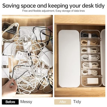 Cable Organizer Storage Box with Lid, 7 Wire Ties, White | Adjustable Dividers, Holds Power Cords & Charger, Dust-Proof, Desktop Accessories & Stationery Supplies for Home & Office