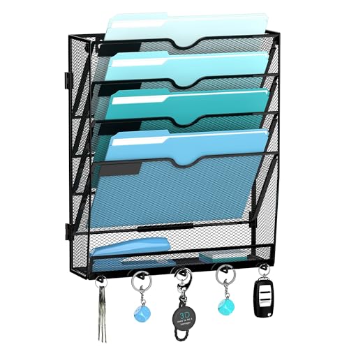 5-Tier Wall File Organizer and Mail Organizer with 5 Hooks, Black | Label slots, curved openings, 5 key hooks, and a bottom tray support organized mail, file, and everyday item storage.