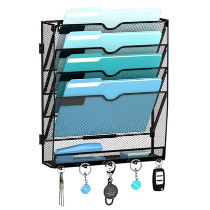 5-Tier Wall File Organizer and Mail Organizer with 5 Hooks, Black | Label slots, curved openings, 5 key hooks, and a bottom tray support organized mail, file, and everyday item storage.