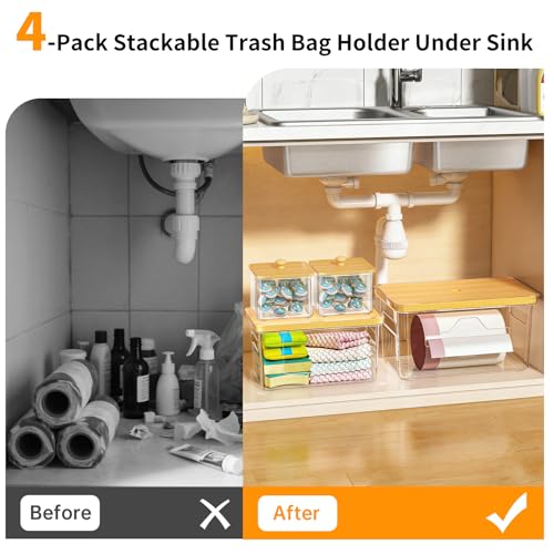 4 Pack Trash Bag Holder with Bamboo Lid, Stackable Garbage Bag Dispenser Under Sink, Storage Organizer for Kitchen, Laundry, Pantry (S+S+M+L)