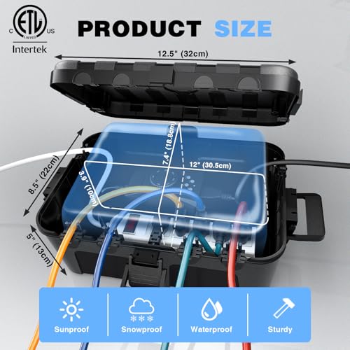 Large Outdoor Electrical Box Waterproof, for Outdoor Plug | 12.5x8.5x5inch, IP54 Extension Cord Cover Weatherproof, Protect Outlet, Socket, Power Strip, Holiday Light Decoration, Black