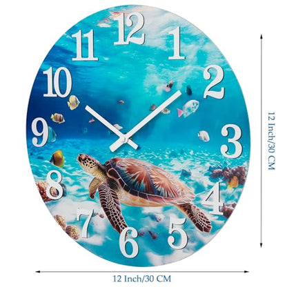 Yoiolclc Outdoor Clock Waterproof Ocean Nautical Wall Clocks for Patio Pool Garden Bathroom Home Decor(12 Inch,Blue,Sea Turtle)