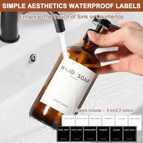 Hand Soap Dispenser for Bathroom 2 Pack, Amber Glass Soap Dispenser with Stainless Steel Pump, 16.9 Fl oz Hand and Dish Soap Dispensers Set Kitchen, Modern Brown Soap Lotion Dispensers Bottle
