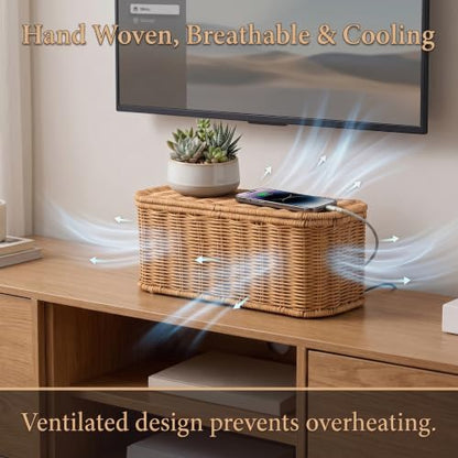 Large Cable Management Box with Lid, Wicker Basket Hides Power Strips, TV Boxes & Routers