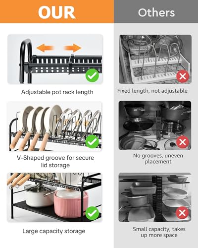 HULISEN Pots and Pans Organizer Under Cabinet, 2-Tier Expandable Pot Rack | 10 Dividers for Lid Separation, 5-Level Adjustable Height, Kitchen Cookware Pan Holder Shelf, Carbon Steel Frame
