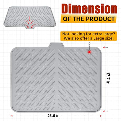 Silicone Dish Drying Mat with Built-in Drain Lip - Hygienic Drying Pad - Sturdy Compact Easy to Clean Tray Protects Surfaces Prevents Water Build Up - 23 X 17 (Grey)