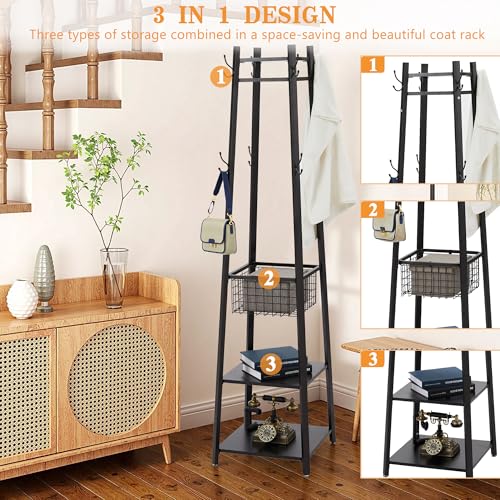 VECELO Coat Rack Freestanding,Hall Tree with Metal Basket and Storage Shelves,Industrial Coat Rack Stand with 8 Hooks for Hanging Coats/Hats/Bags/Umbrellas,18 x 18 x 72 In,Matte Black