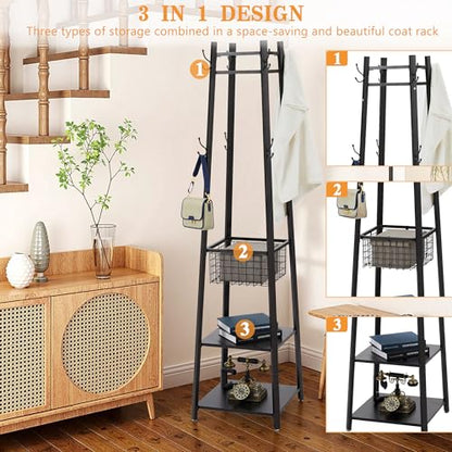 VECELO Coat Rack Freestanding,Hall Tree with Metal Basket and Storage Shelves,Industrial Coat Rack Stand with 8 Hooks for Hanging Coats/Hats/Bags/Umbrellas,18 x 18 x 72 In,Matte Black