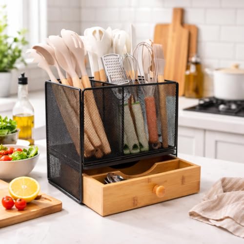 Kitchen Utensil Holder Countertop,Extra Large Utensil Organizer with Drawer | 2-Tier Utensil & Silverware Organizer for Kitchen Counter, Cooking Utensil Cutlery Caddy, Quick Dry Diatomite Base