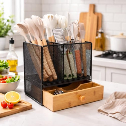 Kitchen Utensil Holder Countertop,Extra Large Utensil Organizer with Drawer | 2-Tier Utensil & Silverware Organizer for Kitchen Counter, Cooking Utensil Cutlery Caddy, Quick Dry Diatomite Base