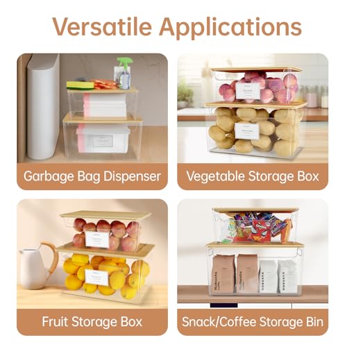 2 Pack Stackable Plastic Trash Bag Holder with Bamboo Lid Under Sink | Clear Container, Stackable Design,Side Handles, Safety Locks,Garbage Bag Roll Holder, Kitchen Cabinet, Laundry Organization